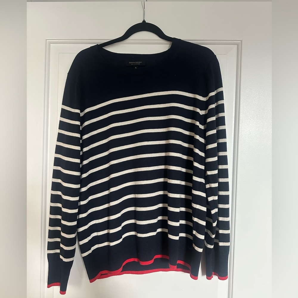 Banana republic silk cashmere sweater with blue white stripes and red detail